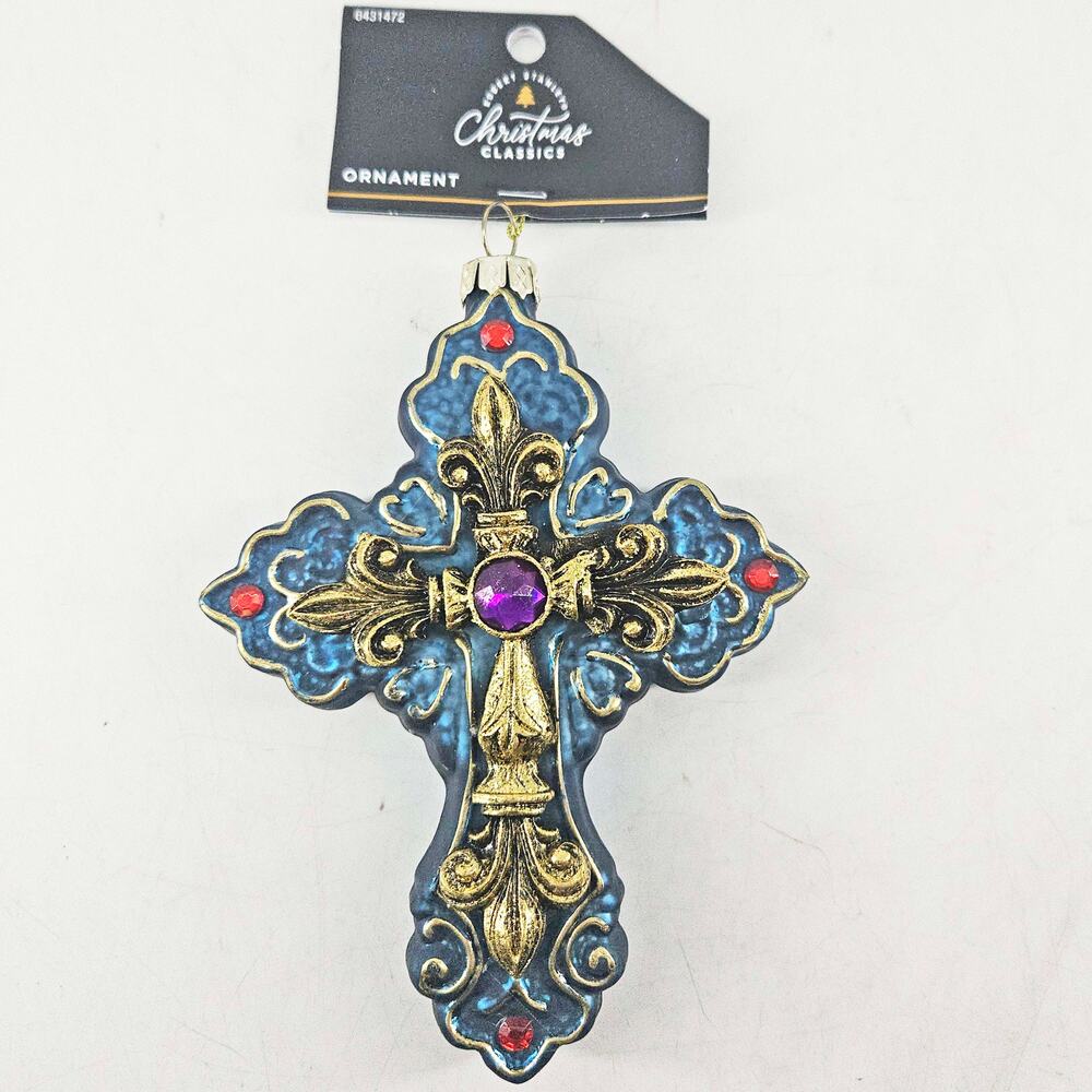 Blue blown glass ornate jeweled cross crucifix Glass Christmas Ornament